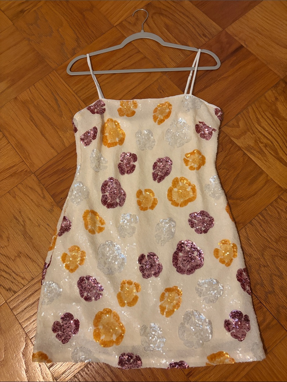 Astr Cream Slip Dress with Gold, Silver, and Purple Sequin Flowers